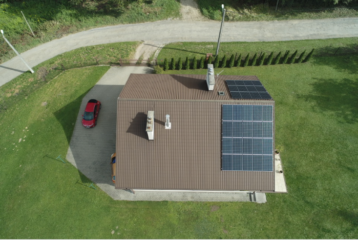 Cena instalacji fotowoltaicznej - dom z lotu ptaka, na dachu panele fotowoltaiczne wokół zielona trawa